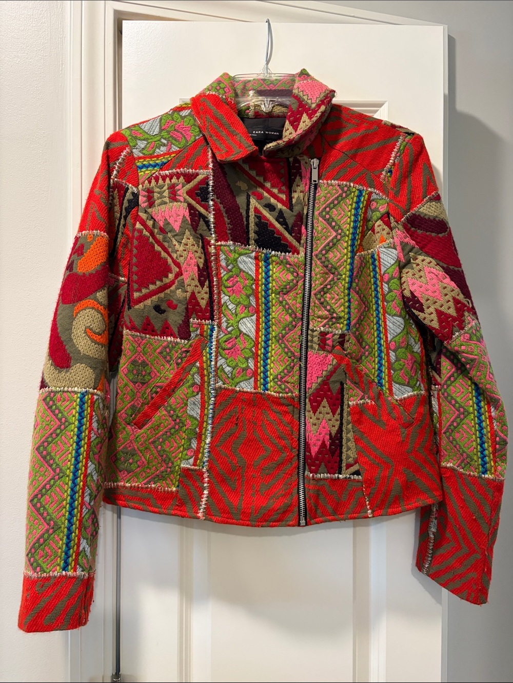 Zara Red Multicolor Patchwork Zip Jacket